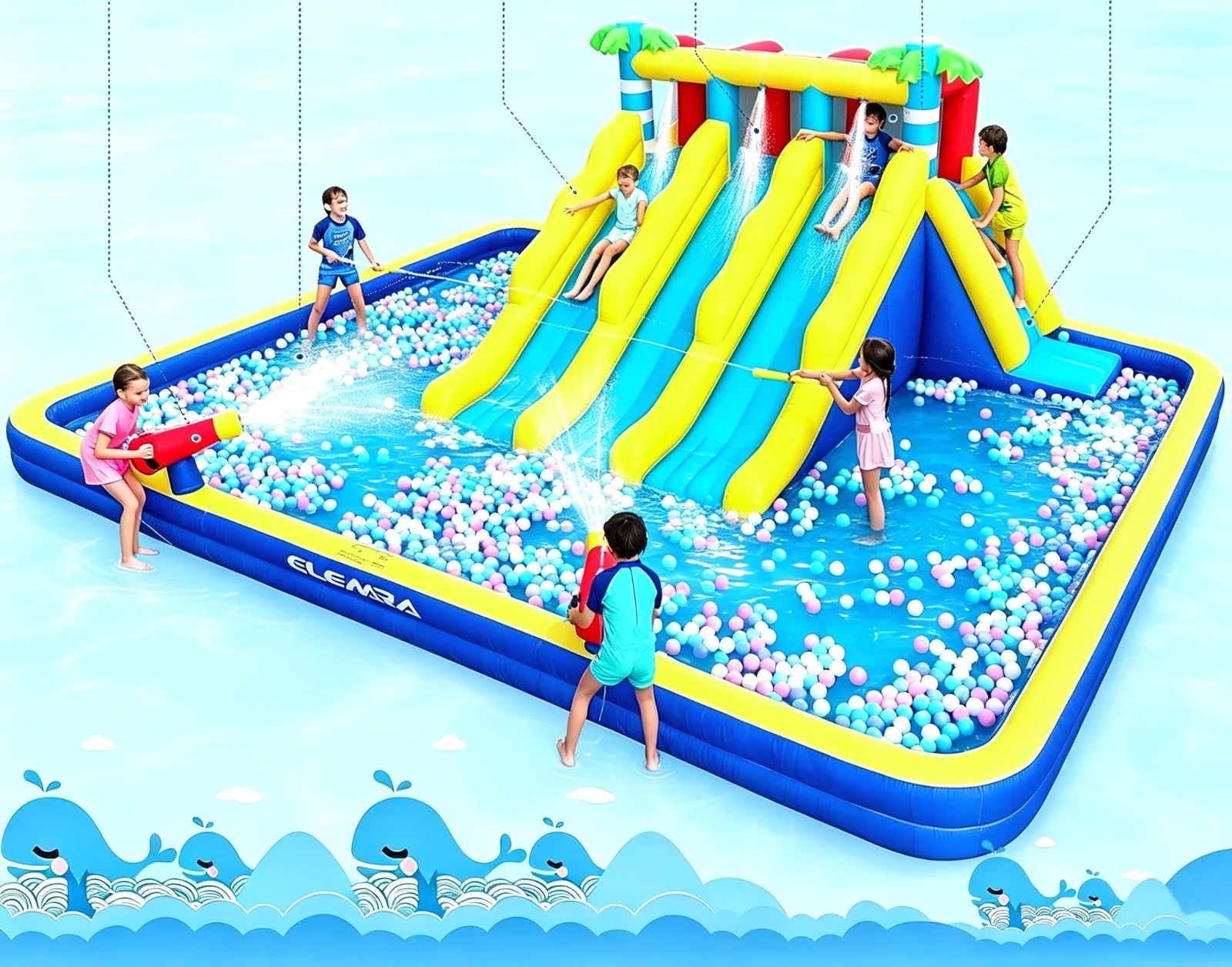 An ELEMARA inflatable water park set up on a suburban lawn