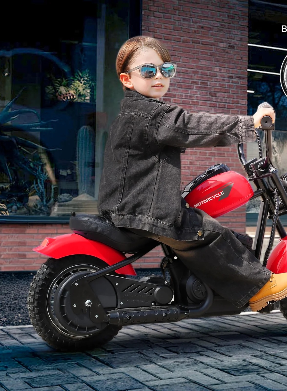 A child riding an ELEMARA electric chopper on a paved street